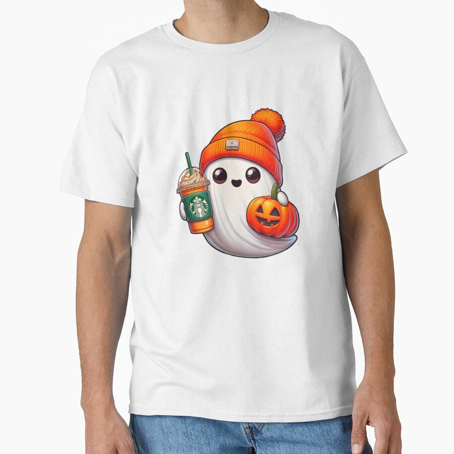 Sheet ghost with coffee wearing Bennie Jack o lantern by Halloween  Time