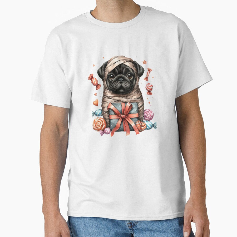 Pug wrapped like a mummy with little candy by GogoGrove