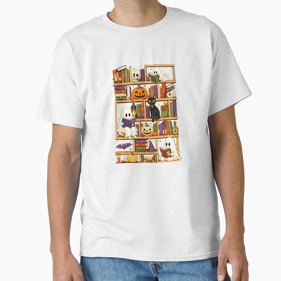 Vintage Ghost Book Reading Pumpkin Gothic Halloween Teachers T-Shirt by KTY-NUSS