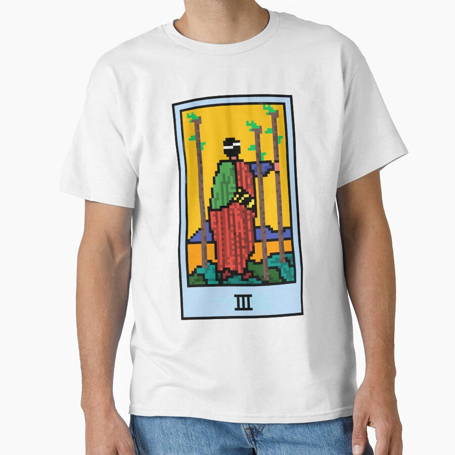 Wait, is this pixel art tarot? White - Minor Arcana 'Three of Wands' (Design for T-shirt, stickers and other accessories) by Pixel Waite