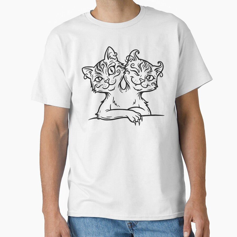 Just Chillin Two Headed Cat - Funny Spooky Halloween Retro Line Art by Lozarux