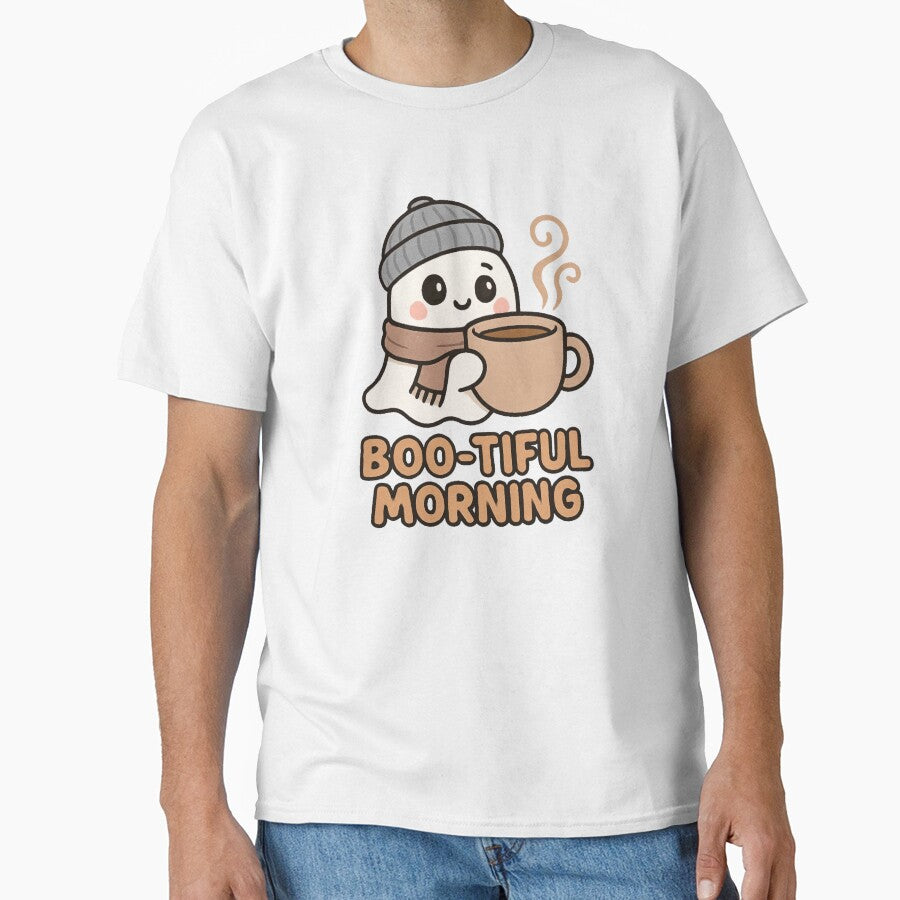 Cute Ghost with Coffee Cup – Boo-tiful Morning Funny Halloween Design by RuweisVibes