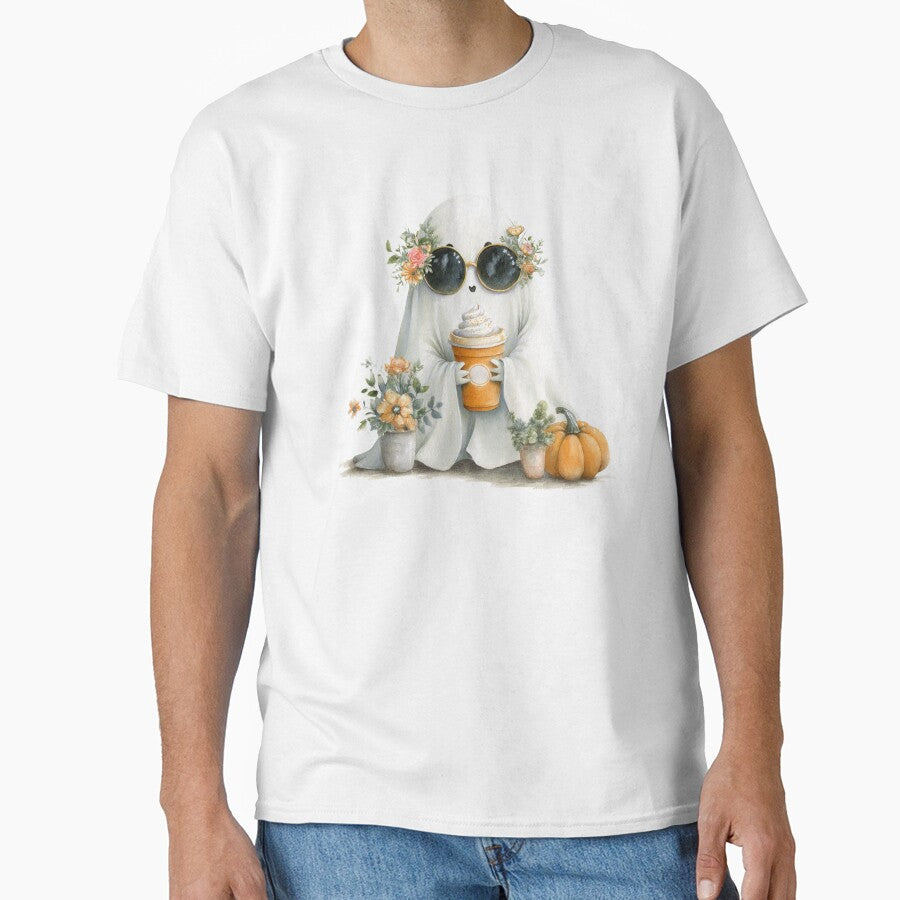 Cute Ghost With Sunglasses Holding Pumpkin Spice Latte by EL-Lebedenko