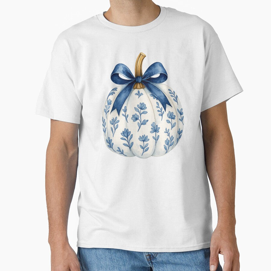 Pumpkin Fall Blue Floral Pumpkin Season Hello Autumn Aesthetic Women Chinoiserie Toile de Jouy by LessIsLoud