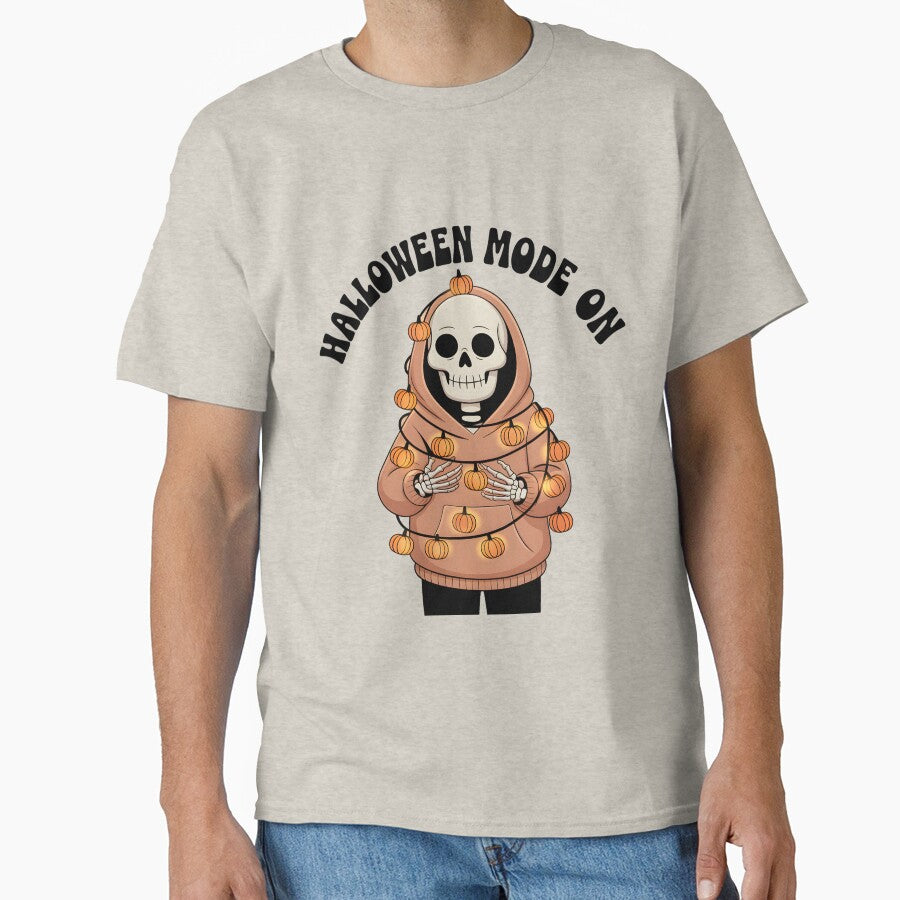 Halloween Mode On Skeleton Wrapped in Lights – Funny Spooky T-Shirt by Raw Tigers