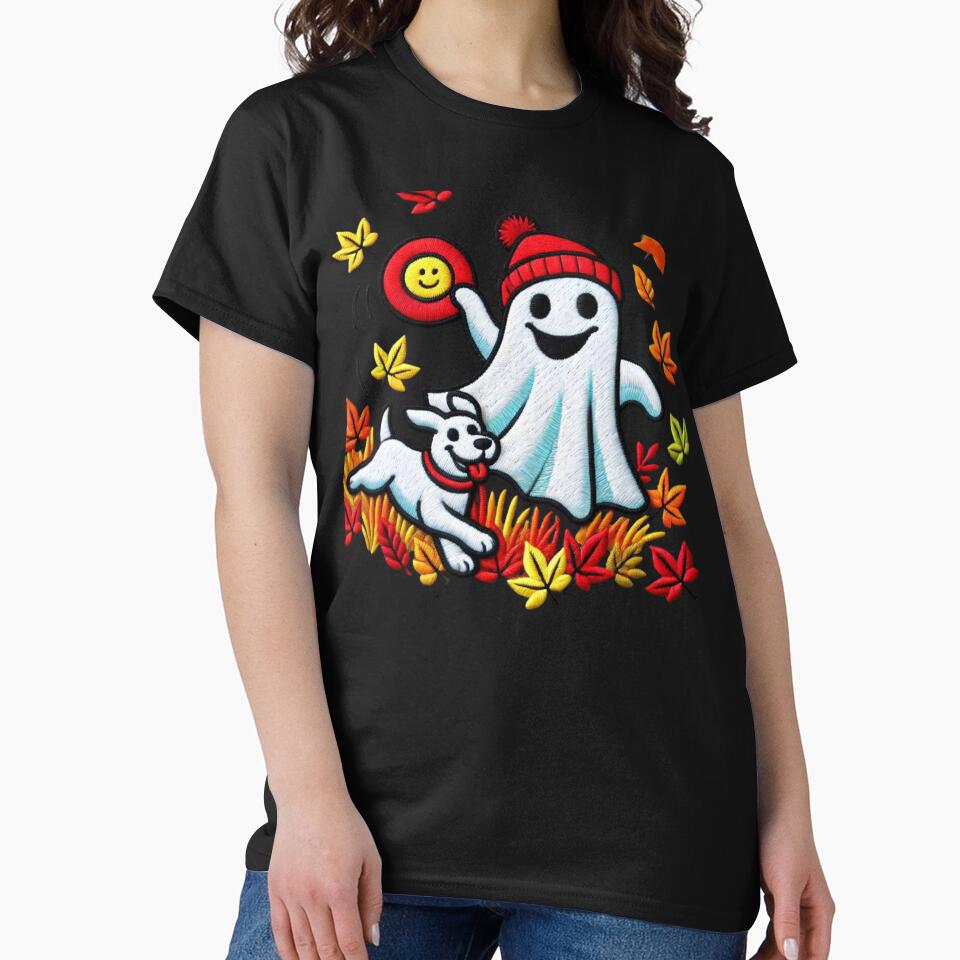Ghost Playing Frisbee with Dog – Fun Fall Halloween Tee by BlankCanvasHaHa
