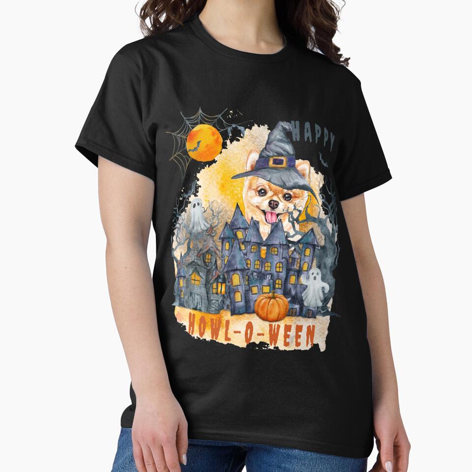 Pomeranian Happy Howl-o-ween Ghost Houses Funny Watercolor by Cuddlythopia