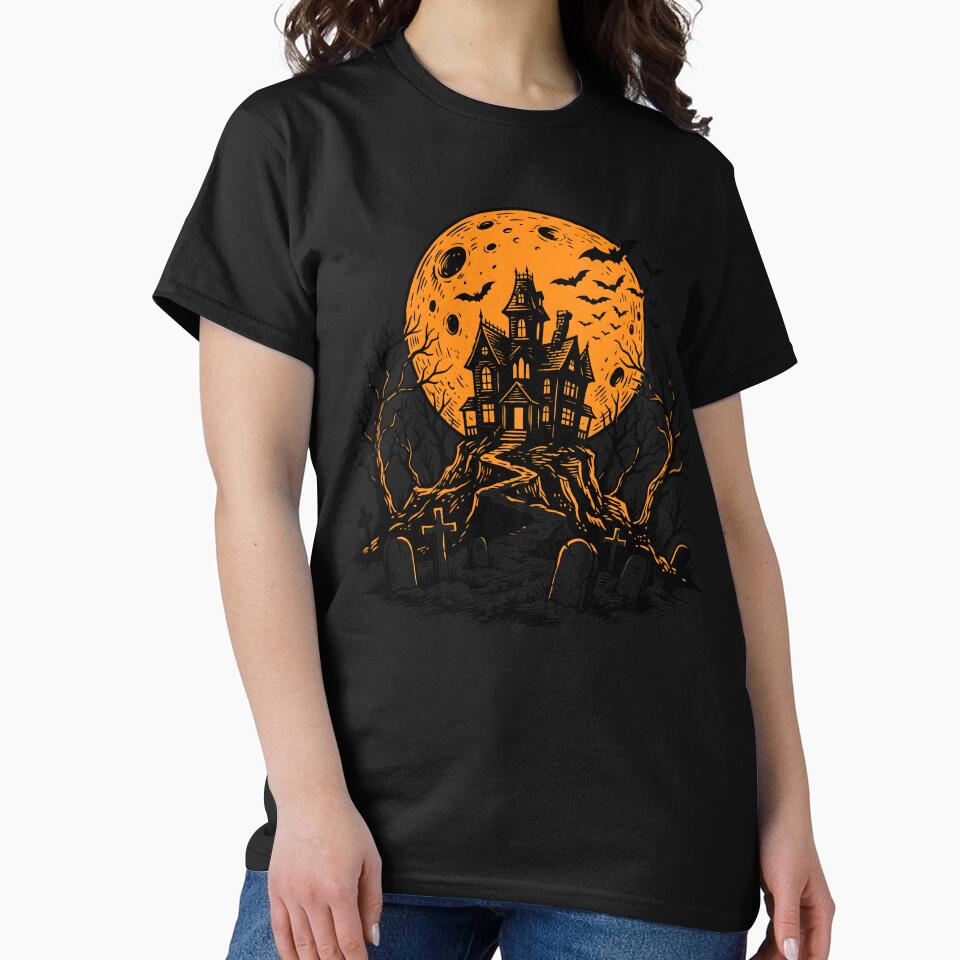Haunted House Silhouette with Orange Full Moon by fawzimorsy