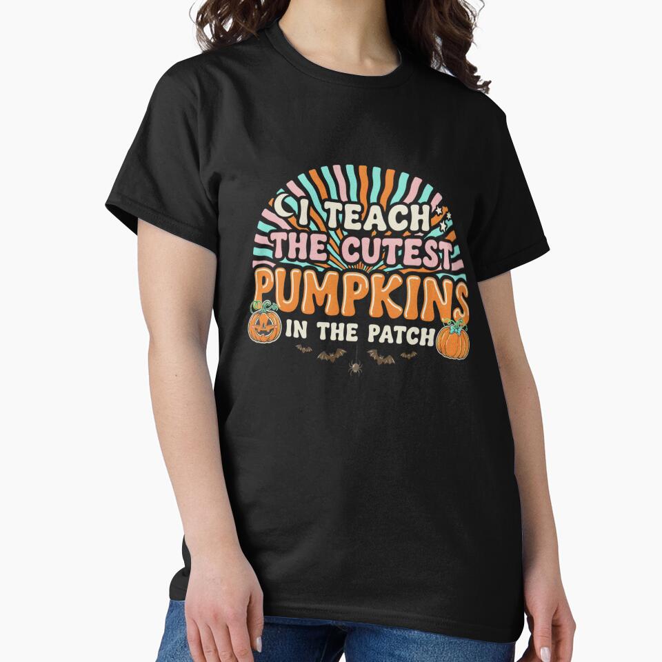 I Teach The Cutest Pumpkins In The Patch Retro Rainbow Halloween Teacher by MizoX7