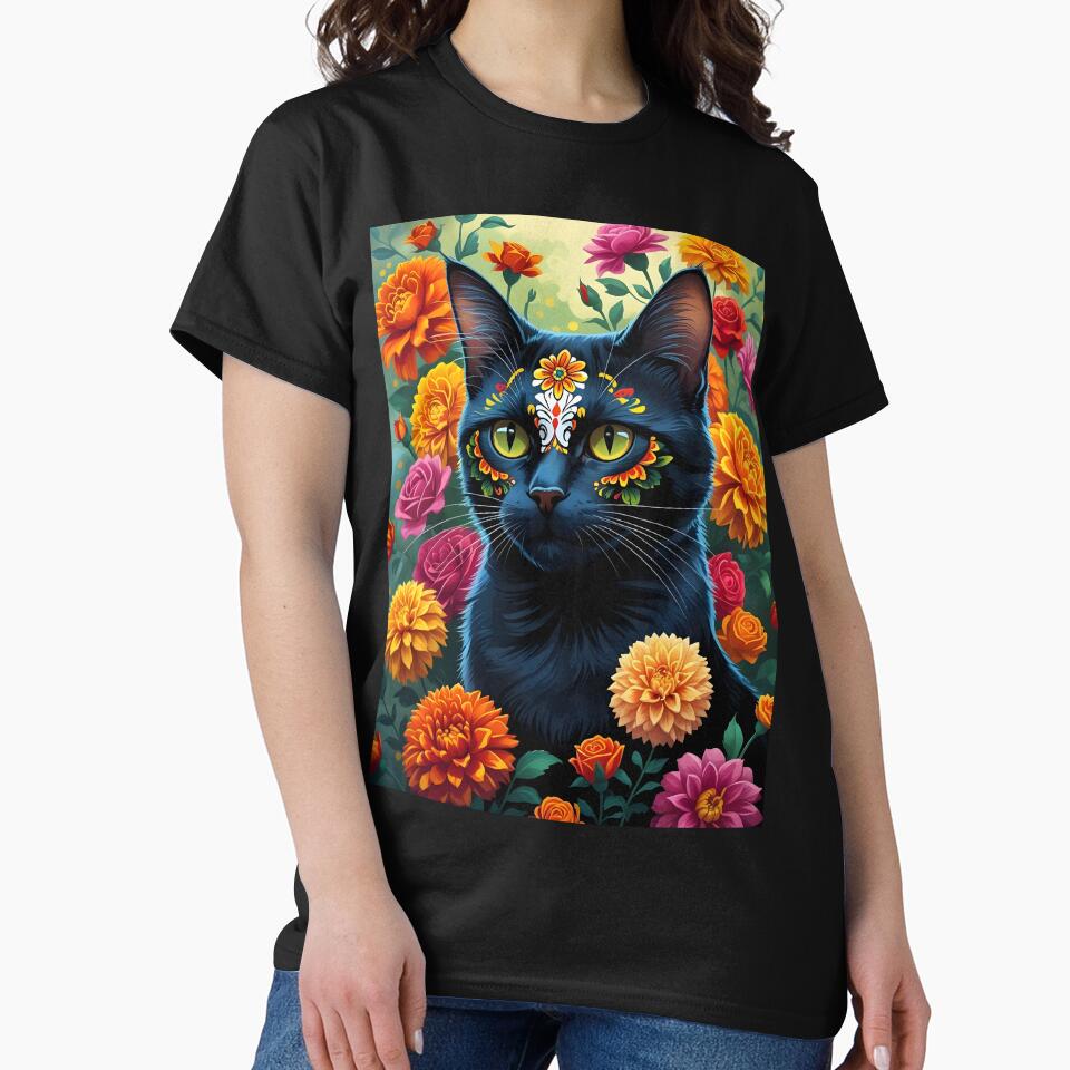 Día de los Gatos - Sugar Skull Cat Amidst Marigolds by DarylWelsh2024