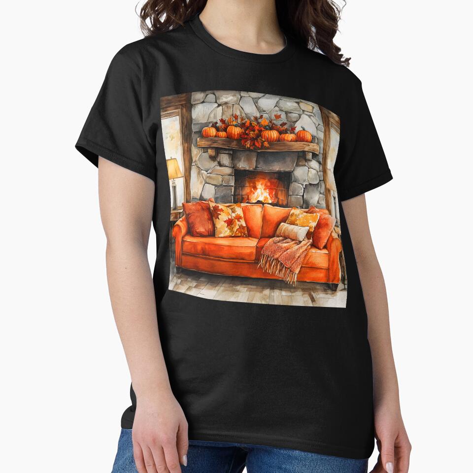 Cozy Autumn Living Room – Watercolor Fireplace Scene by EmeraldeaArt