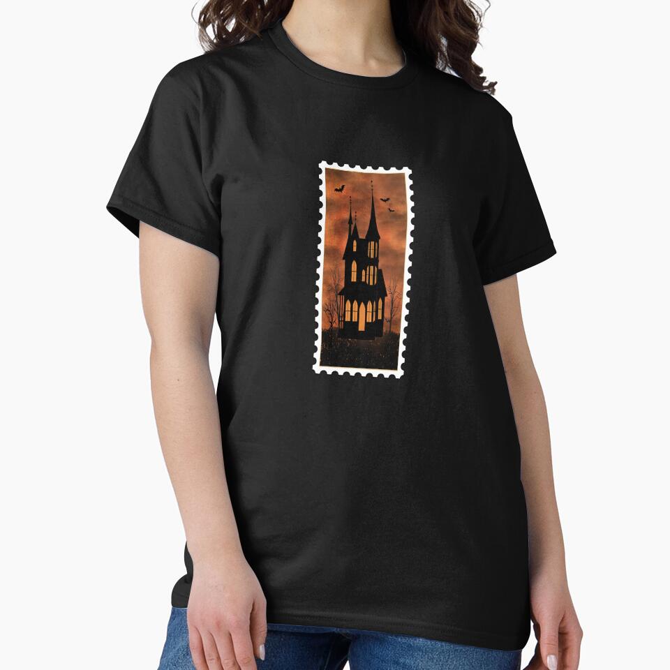 Spooky Halloween Haunted House postage stamp design by StephJChild