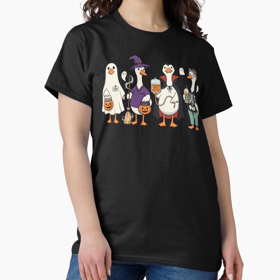 Halloween Nurse Goose T-Shirt, Funny Spooky Nurse Gift, Cute Nursing Halloween Graphic Tee, Pumpkin Spice Healthcare Gift by julimarks