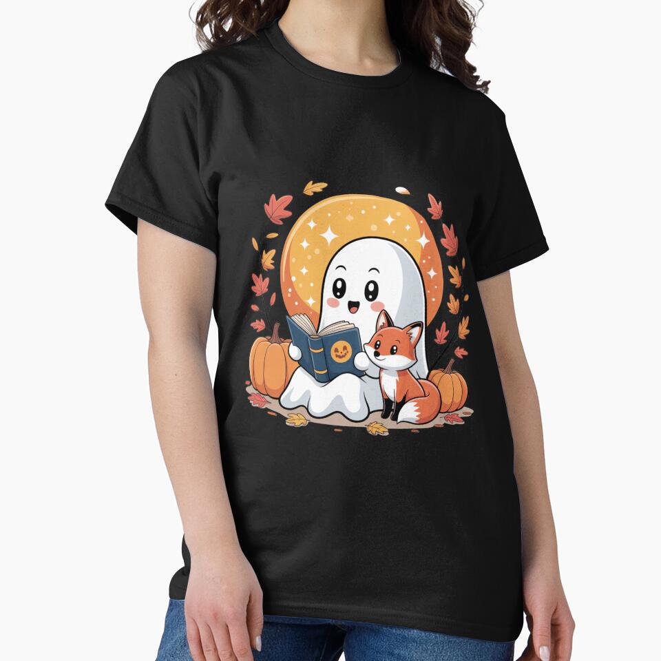 Ghost Reading with Fox | Cute Halloween Kawaii Ghost and Fox Design by ColorSplash123