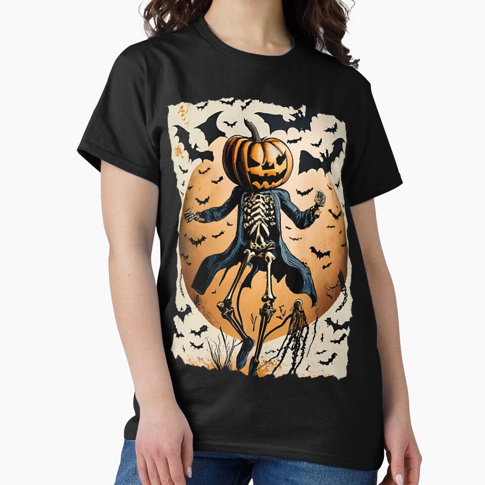 Halloween Skeleton Pumpkin Head - T-Shirt by PrintyArts