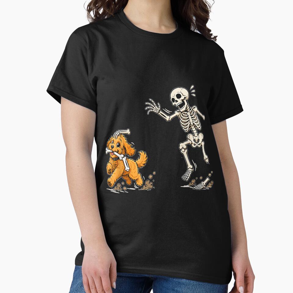 Funny Goldendoodle Dog Stealing Bone from Skeleton Halloween by SuziLope