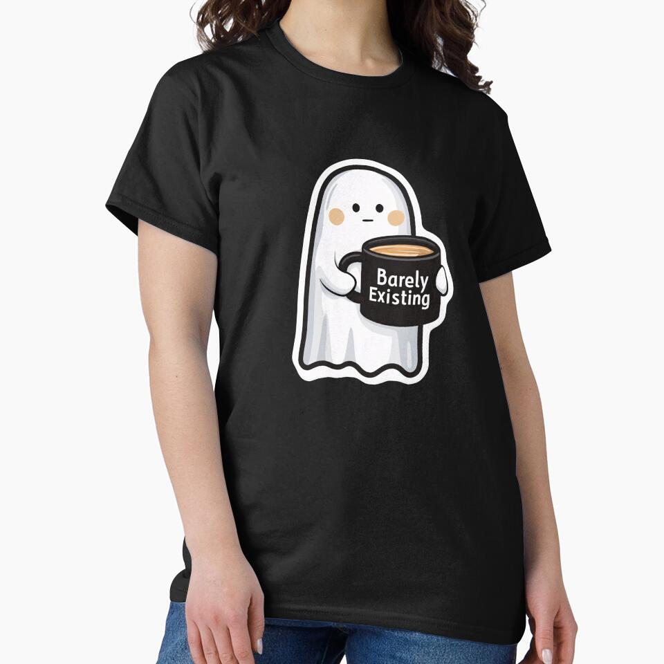 Cartoon Ghost with Coffee — “Barely Existing” Design by SleekLineSketches