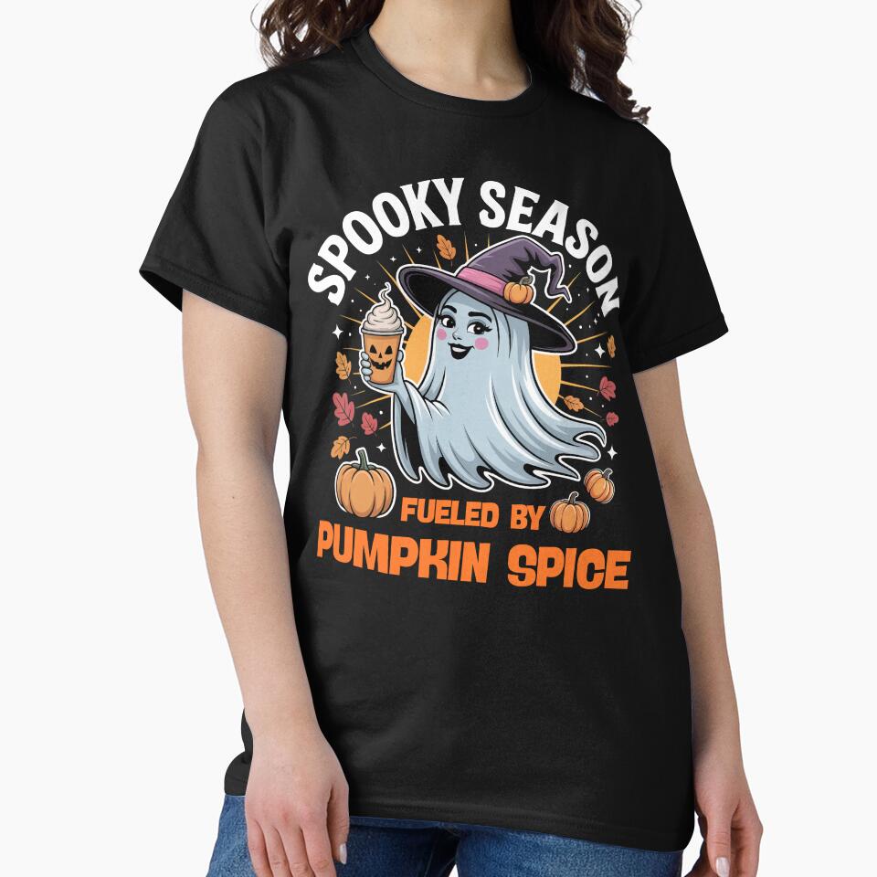 Spooky Season Ghost Fueled by Pumpkin Spice Halloween Coffee Lover Design by PosiMCreations