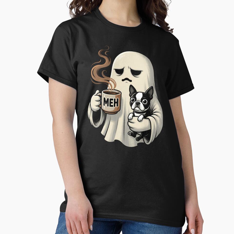 Spooky Ghost Drinking Coffee with Boston Terrier Funny by Zizo-DR44
