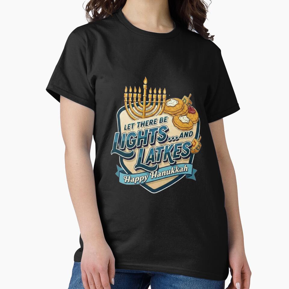 Let There Be Lights And Latkes – Happy Hanukkah Menorah & Latke by Dezyra Clothing