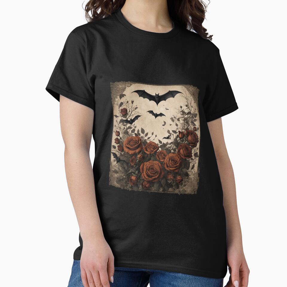 Gothic Bats and Roses Vintage Botanical Halloween Art by Shiwwa