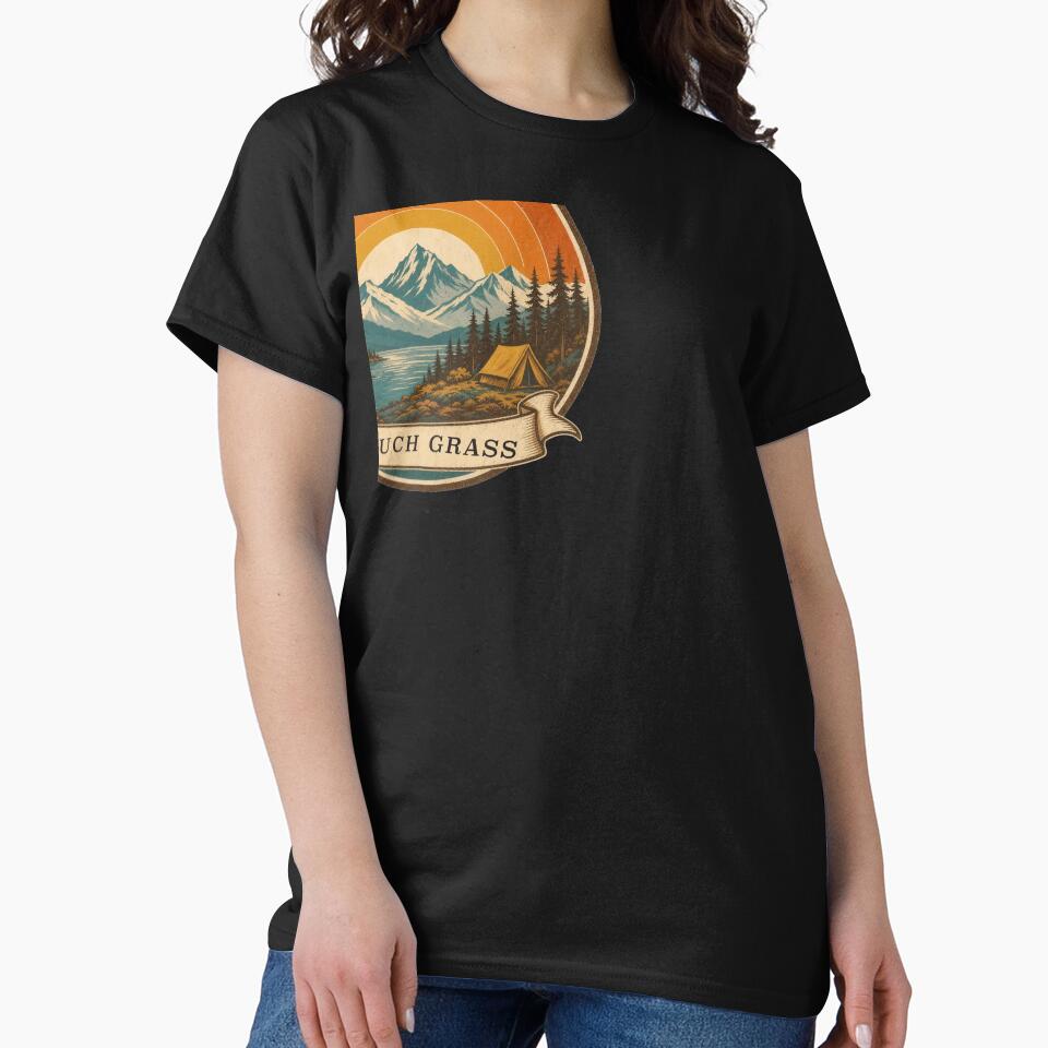 Touch Grass Retro Mountain Sunset Camping Badge by RetroThreadWorks
