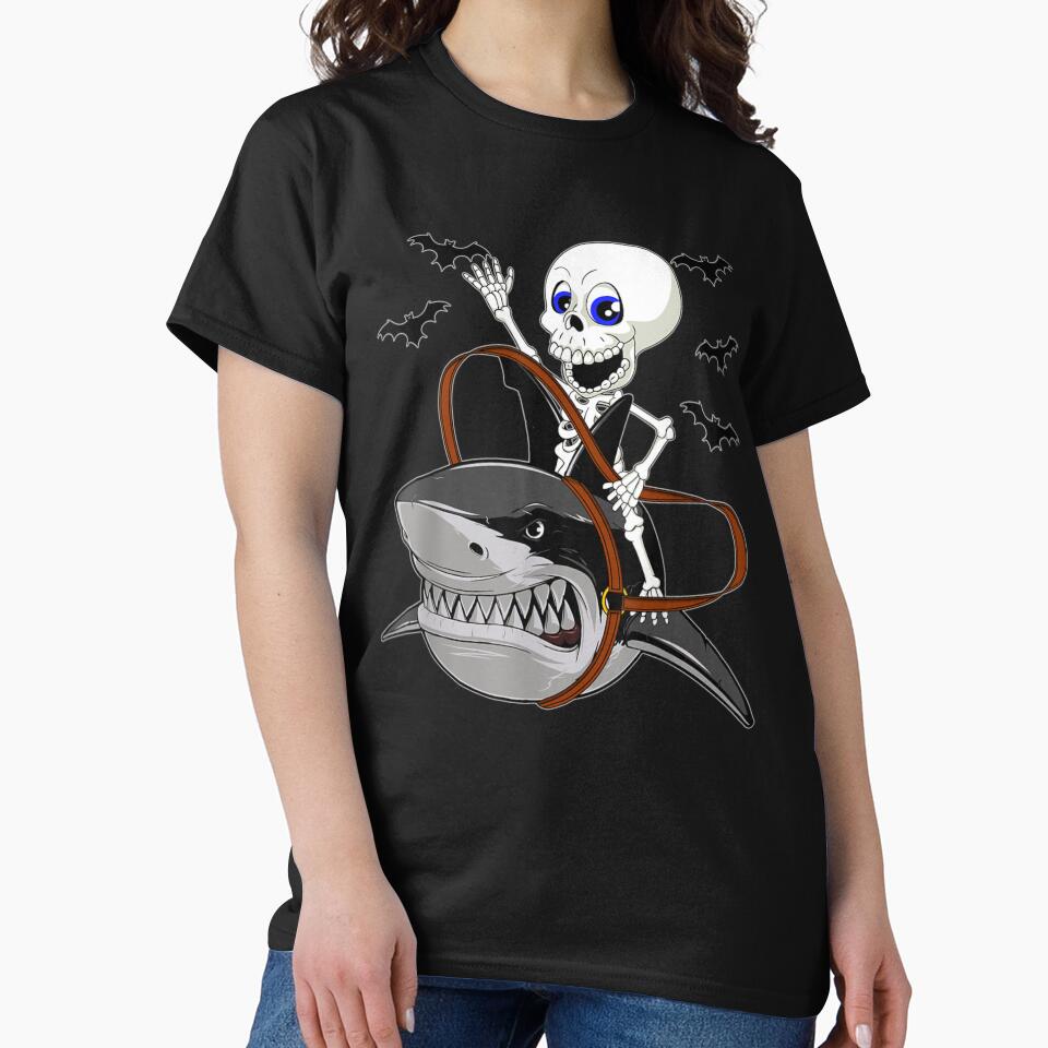 Funny Skeleton Riding Shark Halloween by Raphael-Hogan
