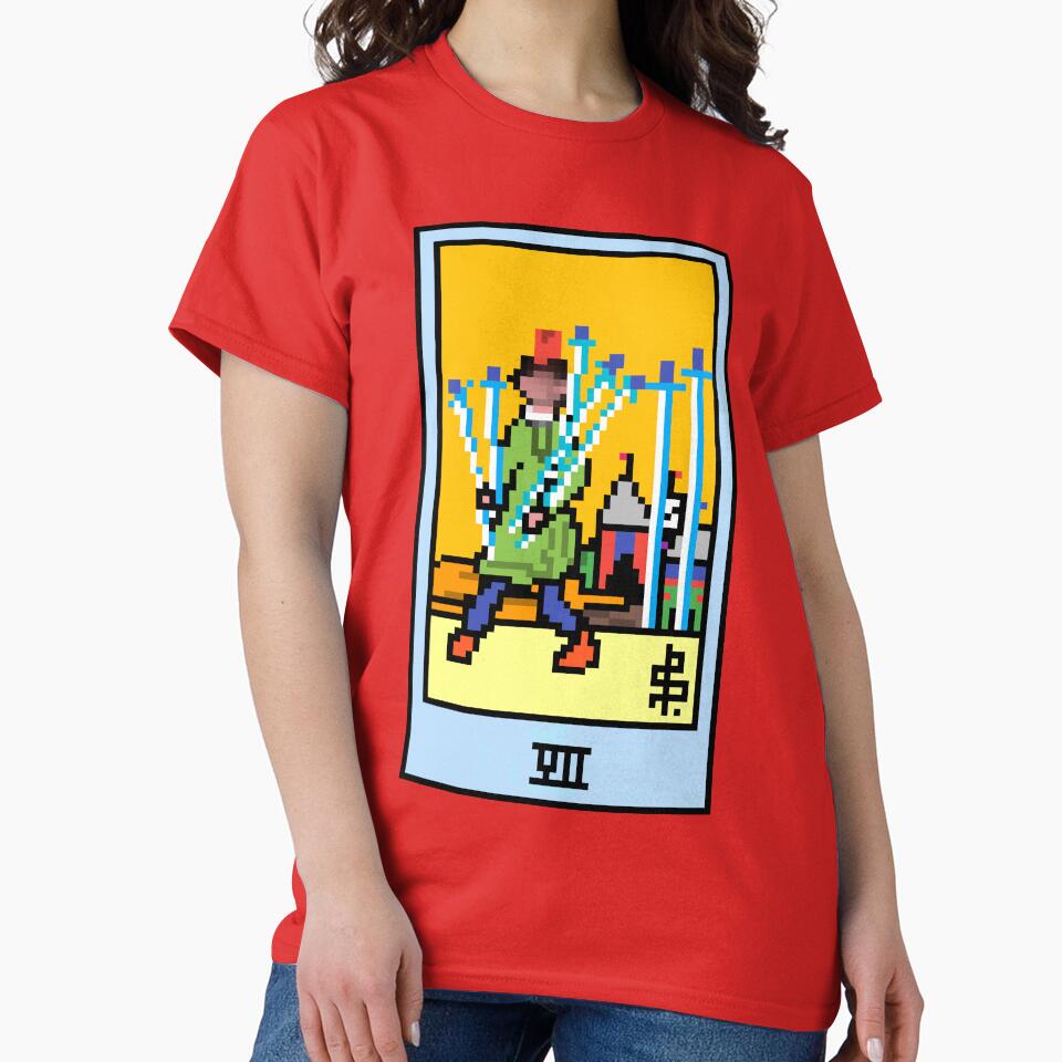 Wait, is this pixel art tarot? Pink - Minor Arcana 'Seven of Swords' (Design for T-shirt, stickers and other accessories) by Pixel Waite