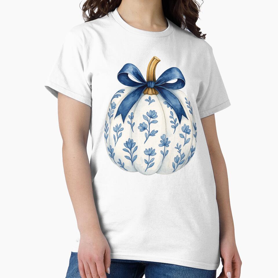 Pumpkin Fall Blue Floral Pumpkin Season Hello Autumn Aesthetic Women Chinoiserie Toile de Jouy by LessIsLoud
