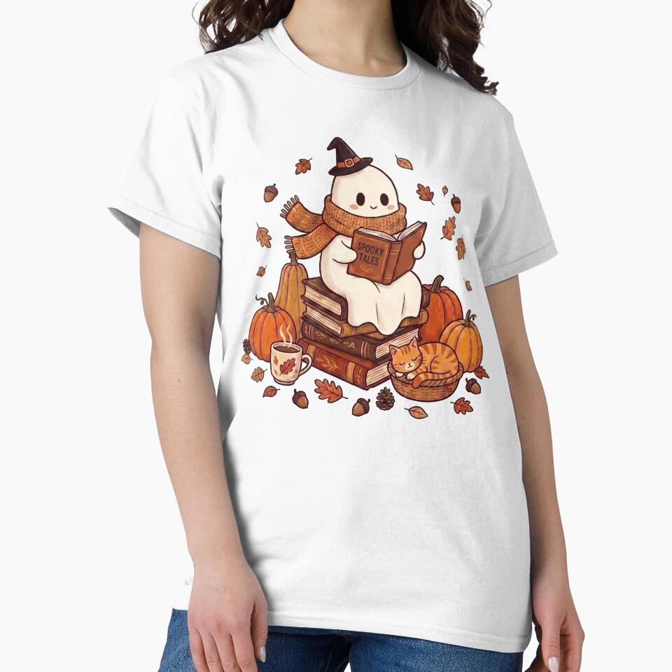 Cute Ghost Reading Books Cat Halloween by HalloweenGift