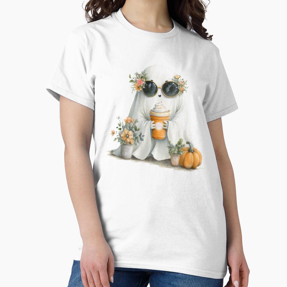 Cute Ghost With Sunglasses Holding Pumpkin Spice Latte by EL-Lebedenko