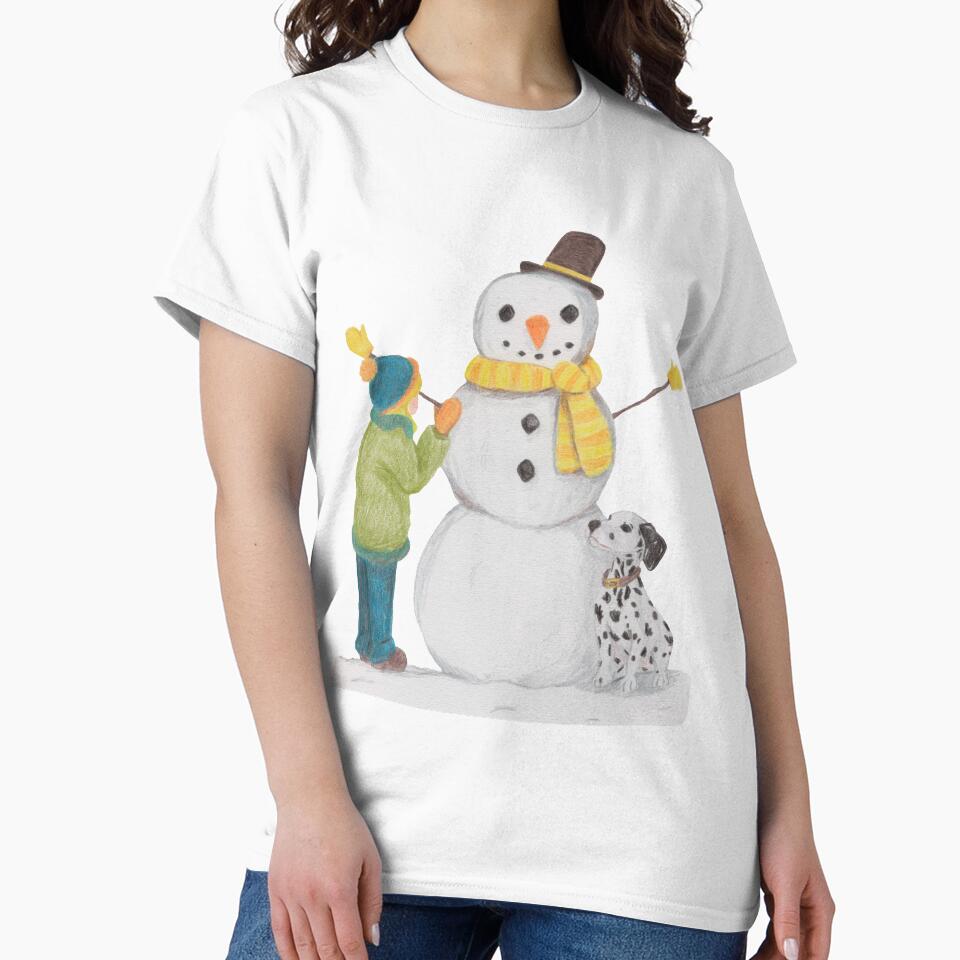 Building a Snowman - Snowman with a kid and dog - Kathleen Stuart Art by Art by Kathleen Stuart
