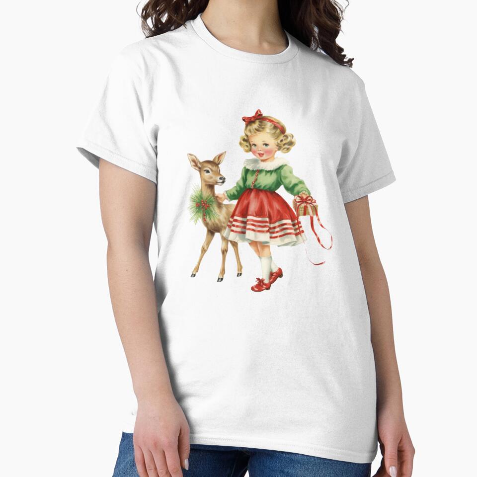 Vintage Christmas Girl and Reindeer by Sromwit Bunrid
