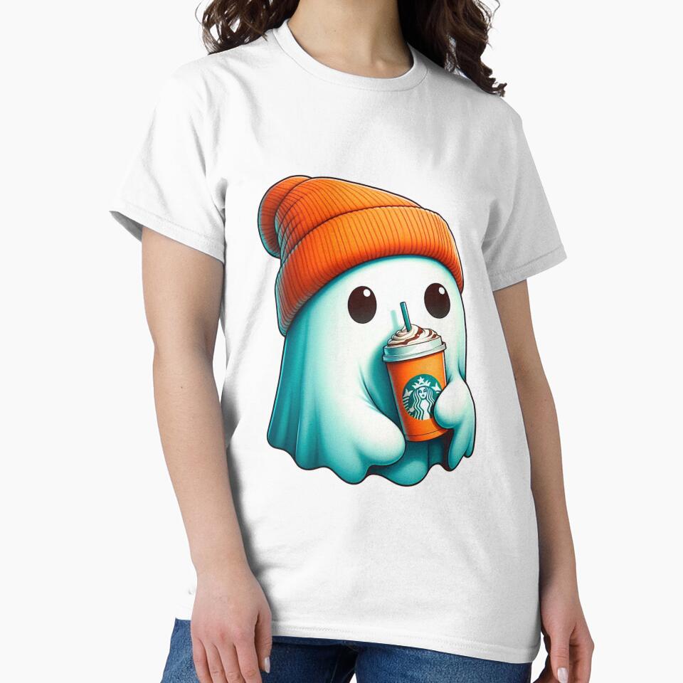Cute Sheet ghost with starbks coffee by Halloween  Time