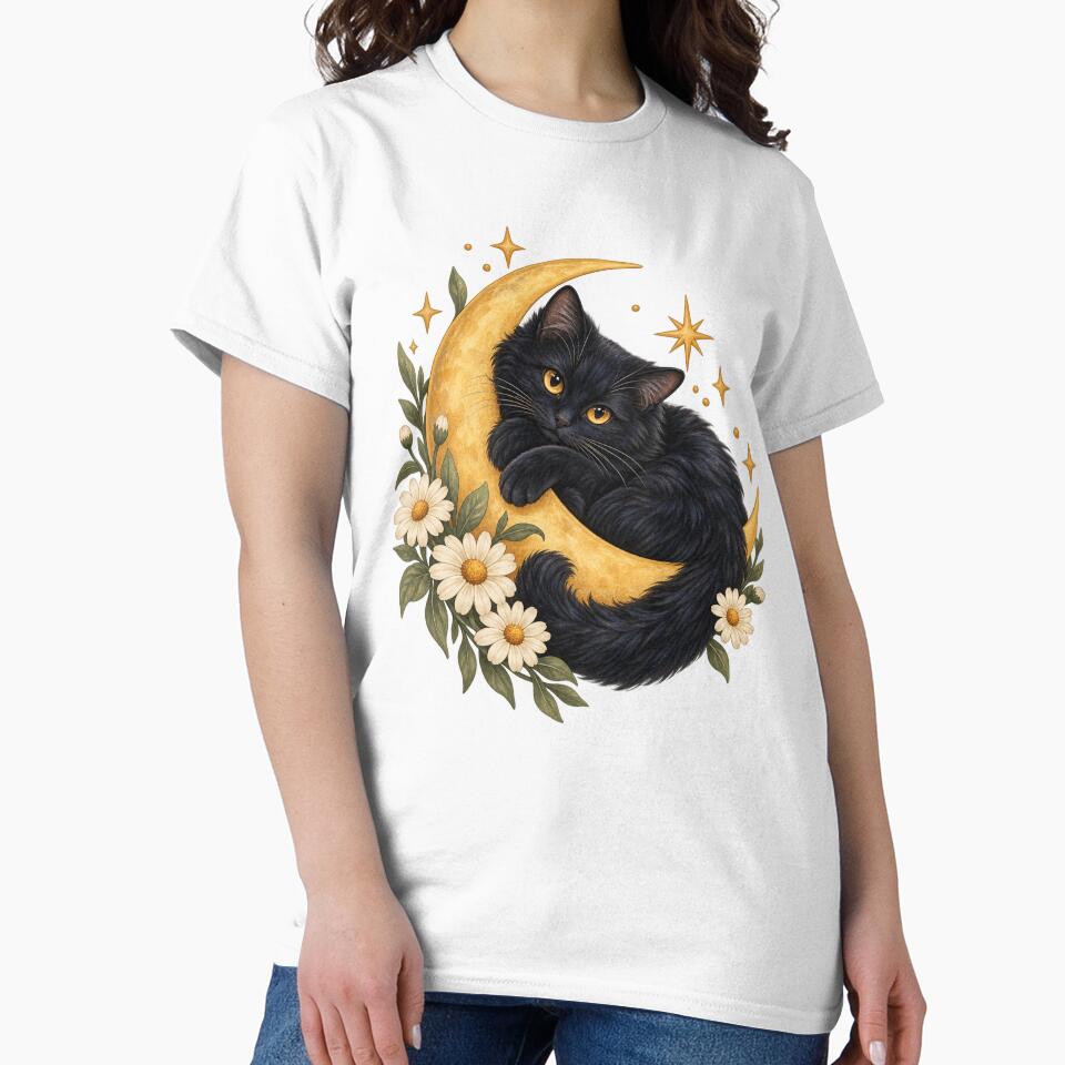 Celestial Black Cat with Moon and Daisies by Pixel & Ponder