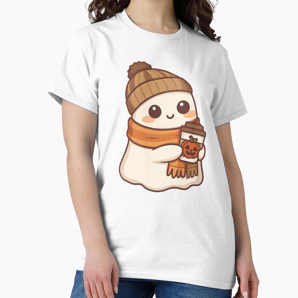 Cute Autumn Ghost with Coffee – Cozy Fall Halloween Kawaii Art by ArtSparkCo