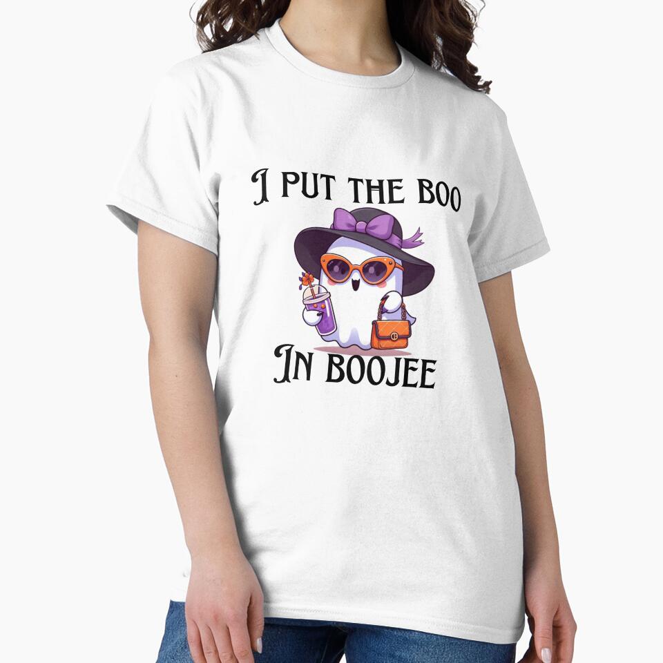 I Put the Boo in Boujee | Cute Ghost with Handbag & Drink Funny Halloween T-Shirt by Jcastro0115