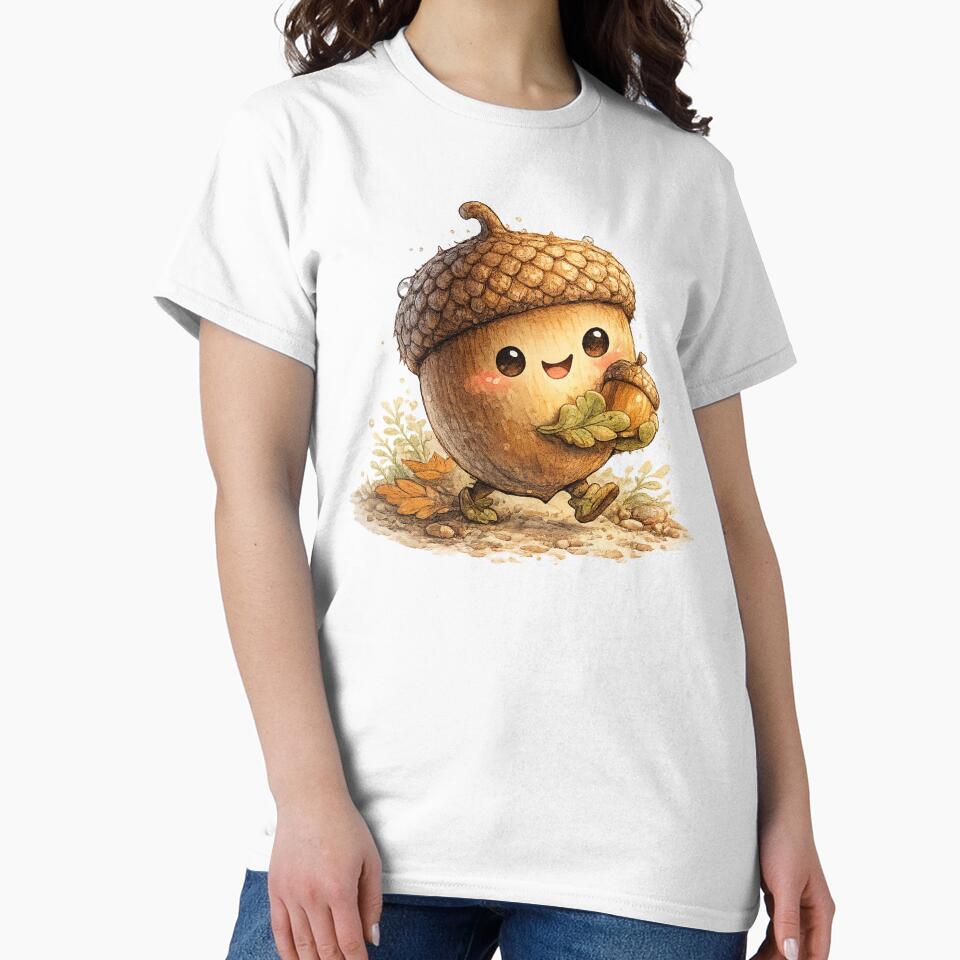 Kawaii Acorn Character Carrying Tiny Acorn – Cute Autumn Woodland Illustration by MagicMakerPh