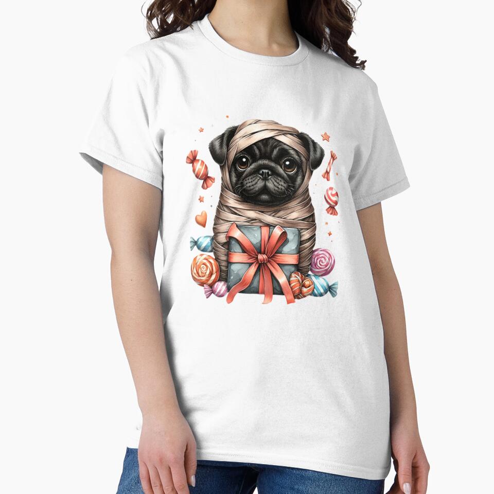 Pug wrapped like a mummy with little candy by GogoGrove
