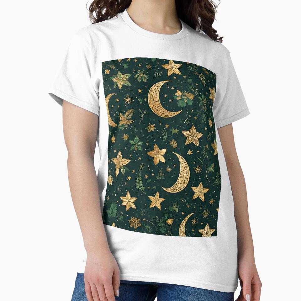 Celestial inspired pattern of gold stars, crescent moons and tiny clovers by Designbes