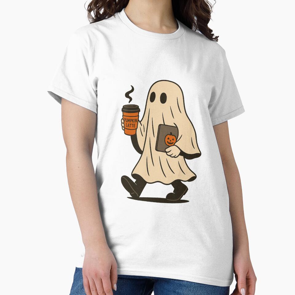Cute Ghost with Pumpkin Latte – Funny Halloween Design by CanvasFox