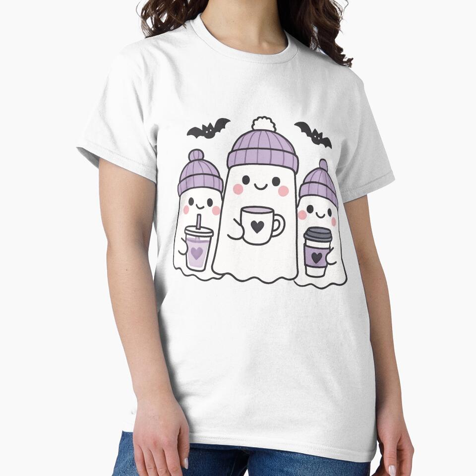 Kawaii Cartoon Ghosts with Beanies and Drinks Halloween Sticker by RuweisVibes