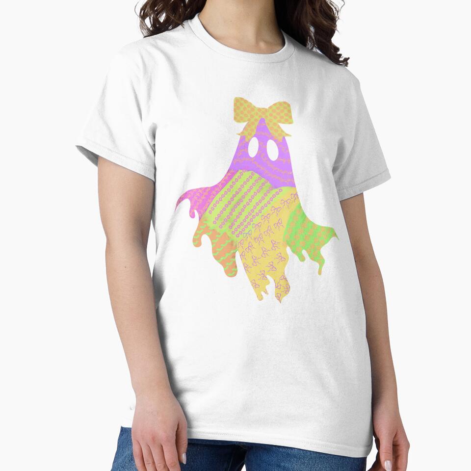 Pastel Ghost with Bow Cute Kawaii Halloween Patchwork Design by baucestudio