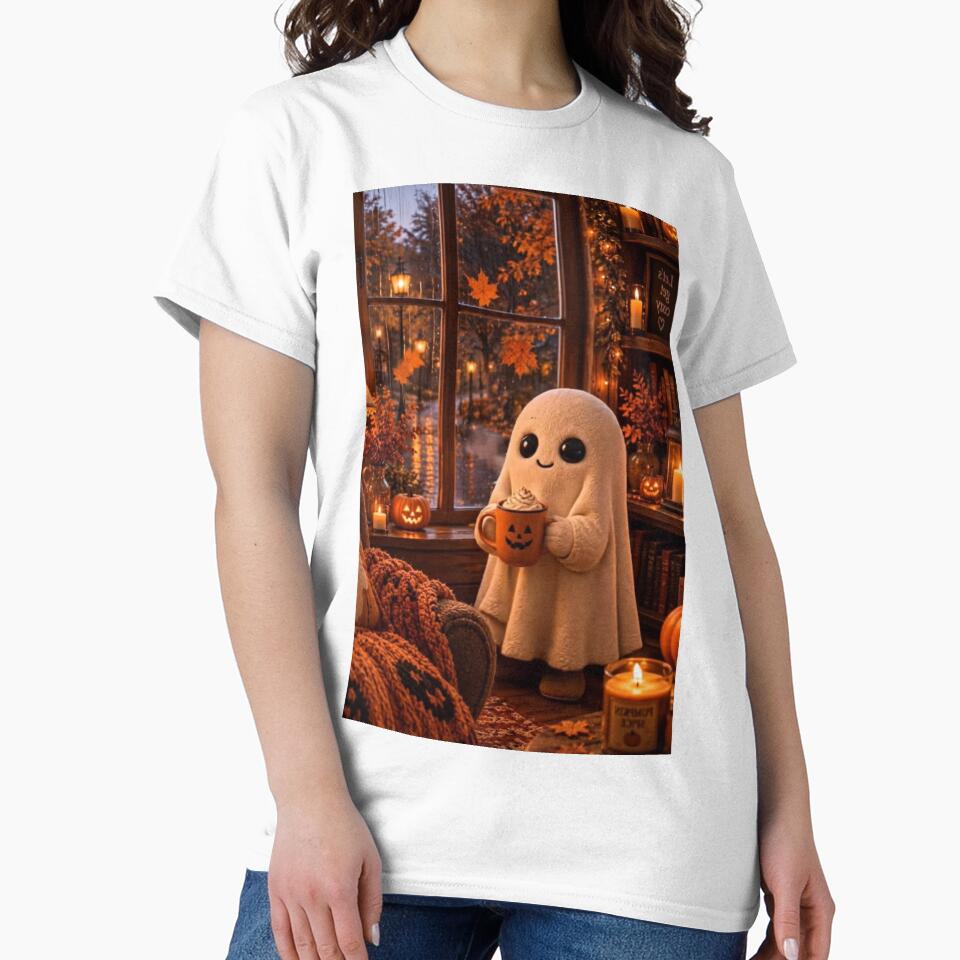 Cozy Autumn Ghost with Coffee — Warm Pumpkin Spice Window Illustration by LYAN-STORE