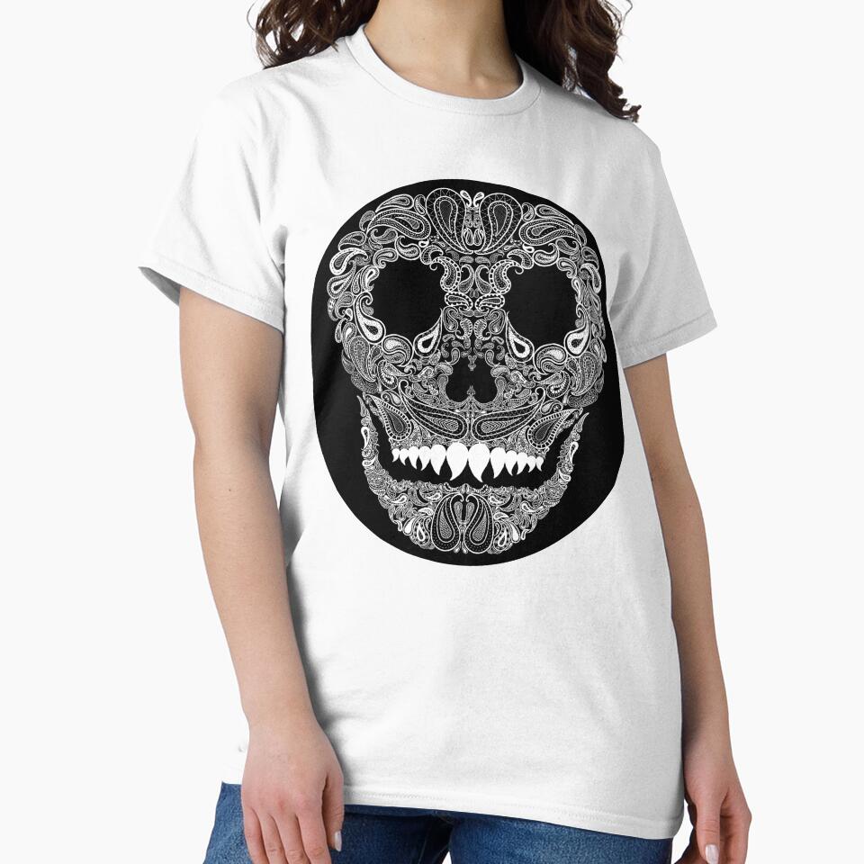 Paisley Skull white on black by Angry Critters