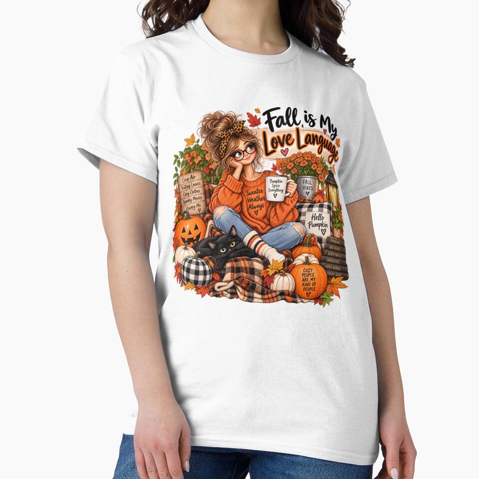 Fall Is My Love Language – Cozy Fall Girl & Black Cat by CottageGardenCo
