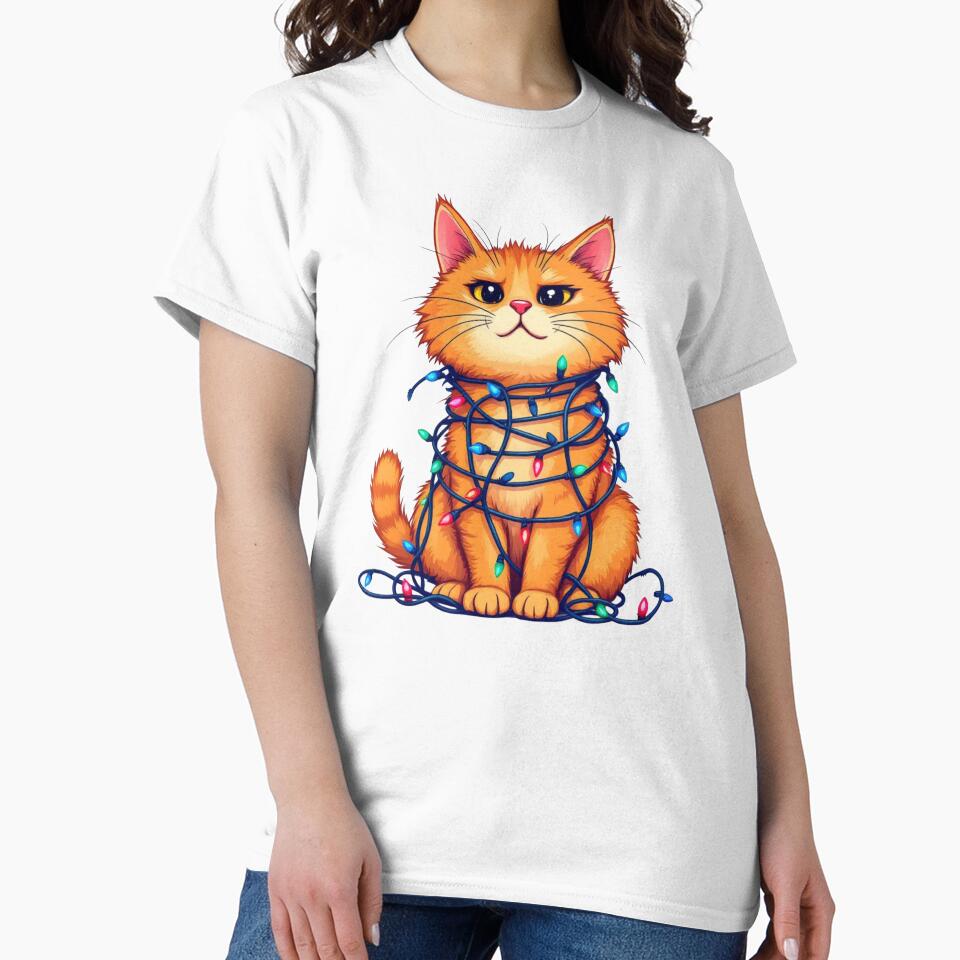 Cute Christmas Cat Tangled in Lights – Funny Holiday Kitty Illustration by ChristmasJollyPrints