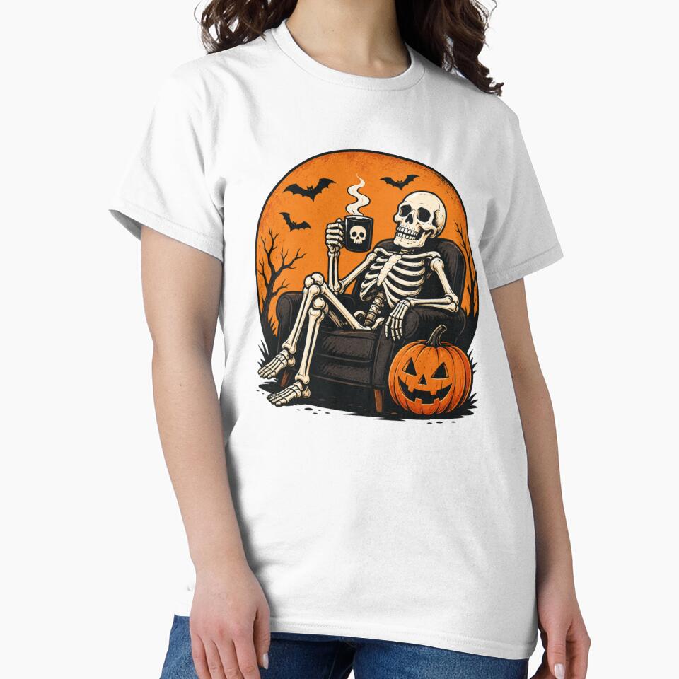 Funny Halloween Skeleton Lounging with Coffee by Ink Matrix