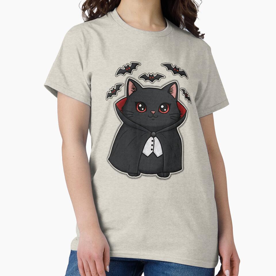 Cute Black Cat Halloween Vampire Costume Bats Spooky Art by ArtDesignTp