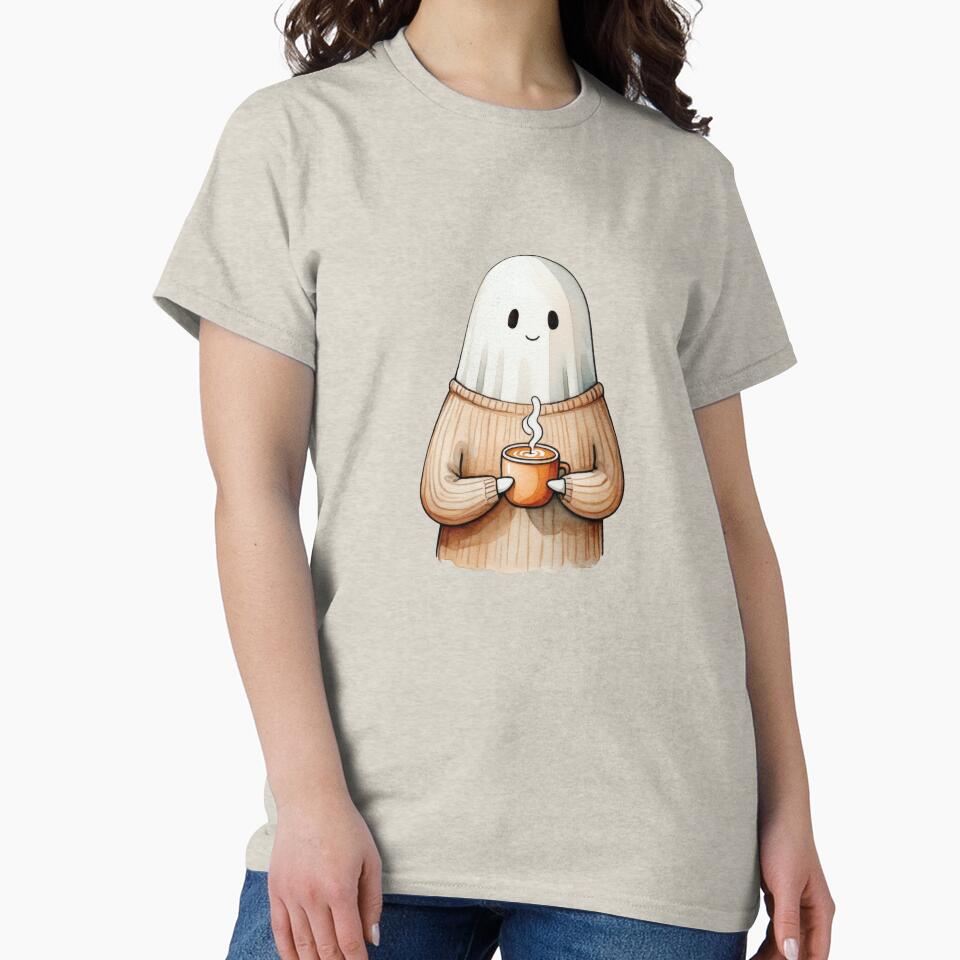 Cozy Ghost with Coffee | Cute Halloween Autumn Art by Ombrya
